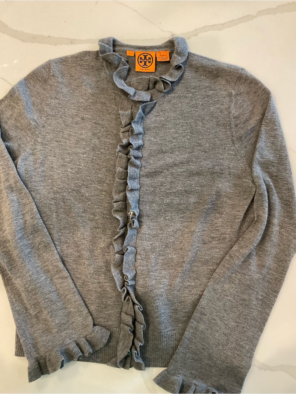 Tory Burch Light Gray Ruffle-Trim Wool-Cashmere Cardigan